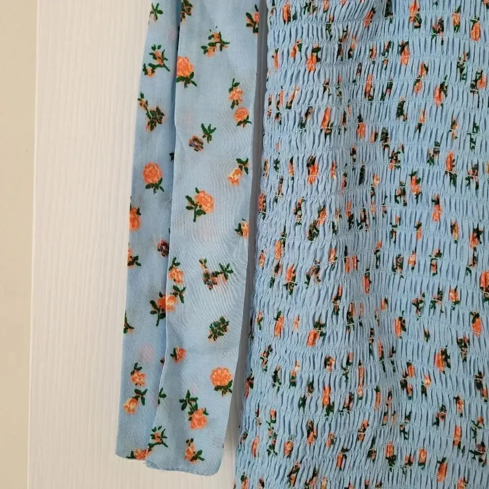 NWOT Free People bella smocked printed slip dress in sky blue